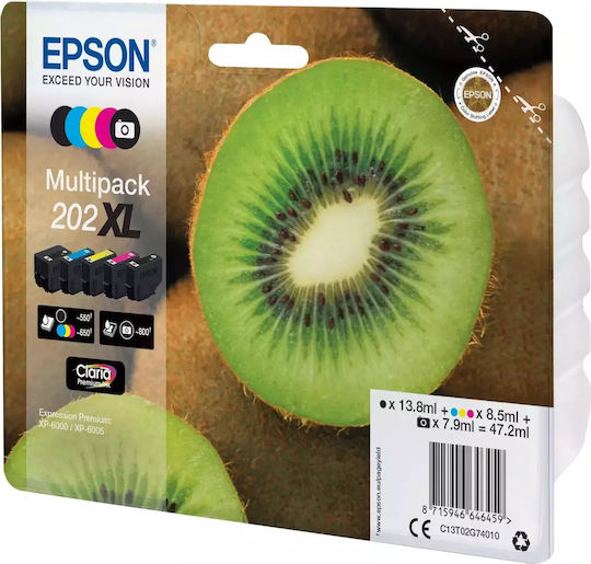 Epson 202XL Original Pack of 5 InkJet Printer Inks Photo Black / Yellow / Cyan / Magenta / Black (C13T02G74010)