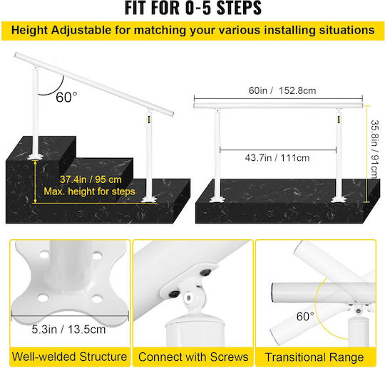 Vevor Stair Railing Set Handrails 5 Ft Outdoor 0-5 Steps Stair Handrail White Aluminum Adjustable Angle Indoor & Outdoor Stairs for Seniors