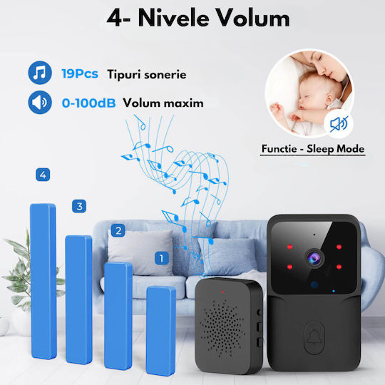 Clopoțel Fără Fir Pentru Ușă Wi-Fi / Bluetooth Negru