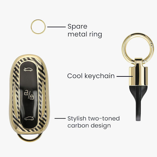 Tesla Car Key Cover Silicone Keychain Metallic Carbon Fiber Gold Black Kwm000025gs001c