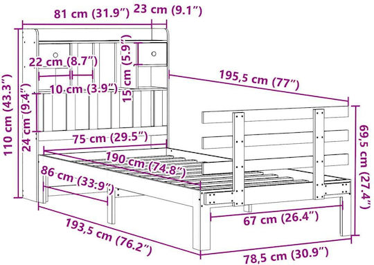 Pat Single Din Lemn Masiv Alb Cu Plăci Potrivit Pentru Saltea 75x190cm