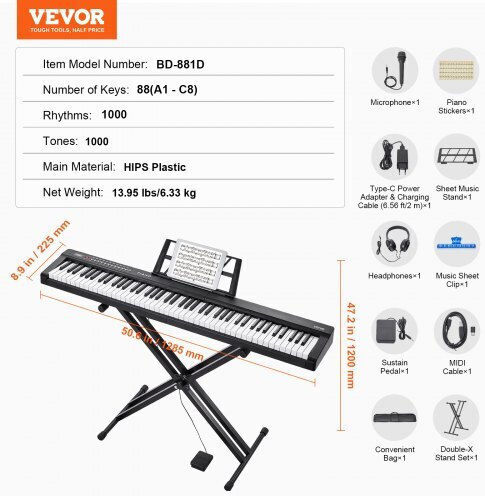 Vevor Electric Stage Piano 88JBPZSMGQ88N6BDSV2 Set Built-in Speakers and Connection with Headphones