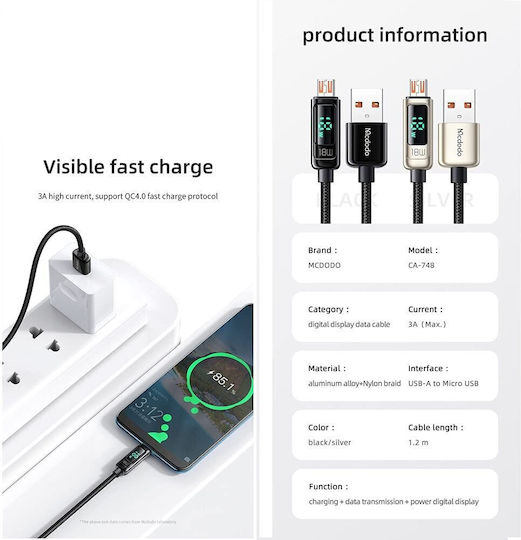 Mcdodo Braided / LED USB 2.0 to micro USB Cable Μαύρο 1.2m (CA-748)