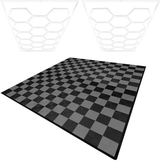 Hexagon LED-Leuchten X 2 & Belüftete Garagenbodenfliesen Kanten 120 Schwarz & 120 Grau