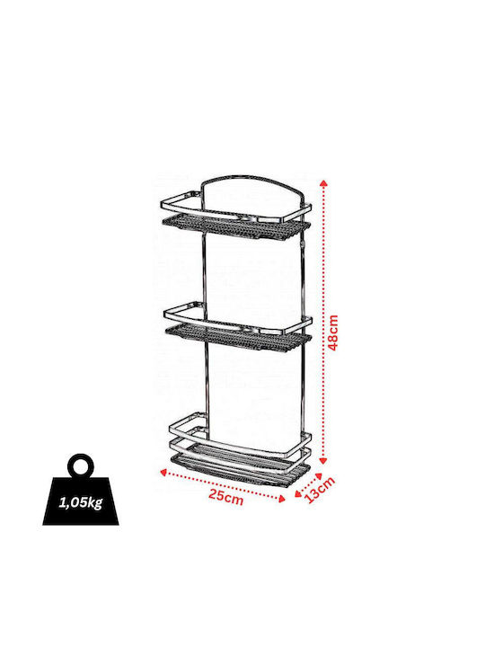 Tekno-Tel 455.BK086/ST Επιτοίχια Ραφιέρα Μπάνιου Inox με 3 Ράφια 25x13x48cm