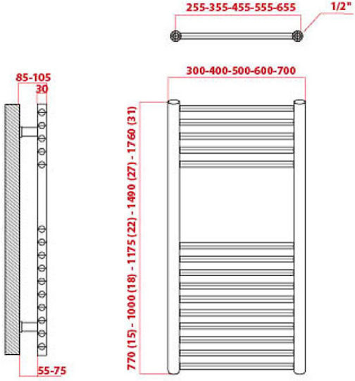 K-Energy Artemis Towel Rail Bathroom 1000x700 854kcal/h Silver