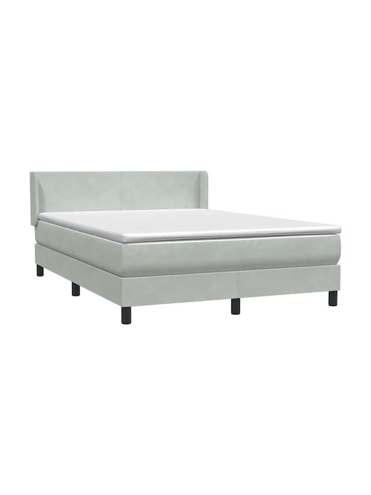 Pat Dublu Tapițat cu Material Gri Deschis cu Plăci și Saltea 160x210cm