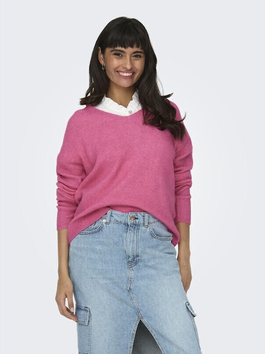 Only Women's Long Sleeve Sweater with V Neckline Strawberry Moon