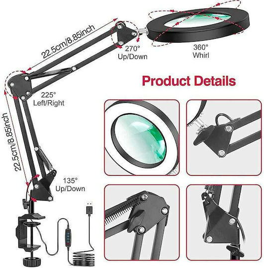 Desktop Magnifying Glass USB LED Illuminated 5x Auxiliary Arm Black