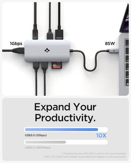 Spigen ArcDock 8-in-1 USB-C Докинг станция с HDMI 4K PD Ethernet Сребрист