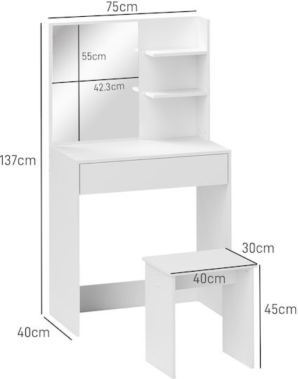 Bodenstehende Schminktisch Schlafzimmer Holz Weiß mit Spiegel & Hocker 75x40x137cm