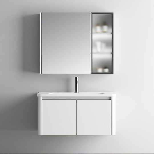 Martin Bathroom Mirror Led made of Plywood with Shelf & Cabinet 80x68cm White