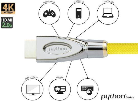 Python HDMI 2.0 Premium High Speed 4K 60Hz HDR Flach Kabel HDMI-Stecker - HDMI-Stecker 30m Gelb