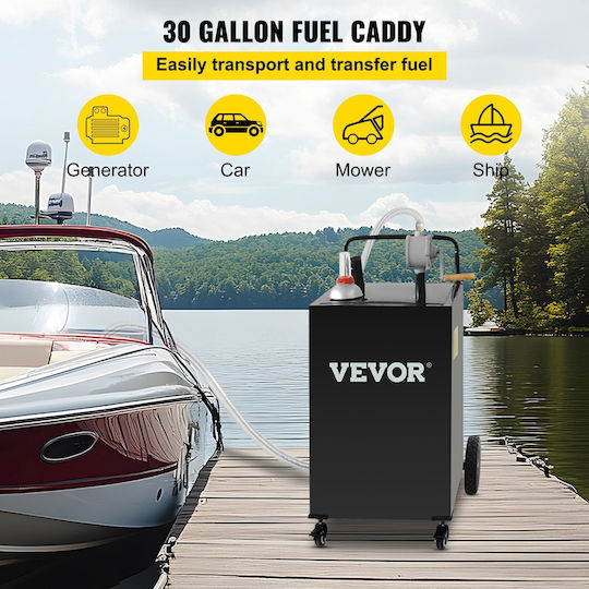 Vevor 30 Gallon Fuel Caddy Gas Storage Tank & 4 Wheels Manual Transfer Pump Fuel Tank Diesel Cars Lawn Mowers ATVs Boats More Black