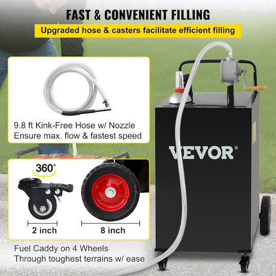 Vevor 30 Gallon Fuel Caddy Gas Storage Tank & 4 Wheels Manual Transfer Pump Fuel Tank Diesel Cars Lawn Mowers ATVs Boats More Black