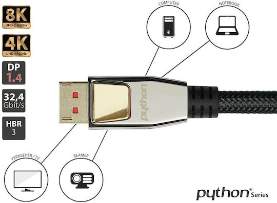 Python Cable DisplayPort male - DisplayPort male 1m Black (DP20-PY010)