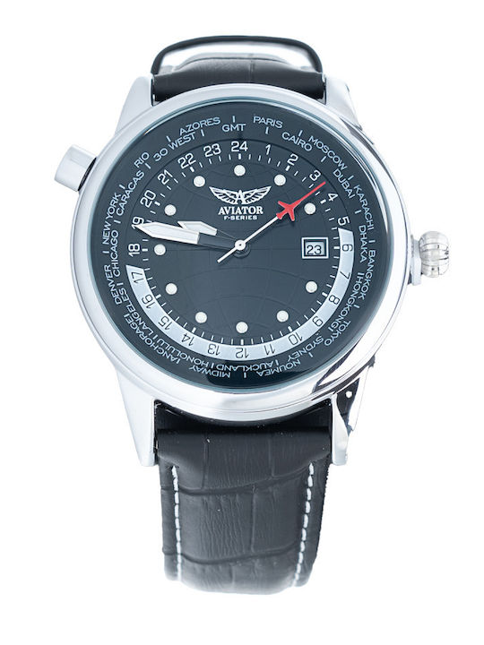 Aviator Men's Watch 45mm Chronograph Battery with Black Leather Strap