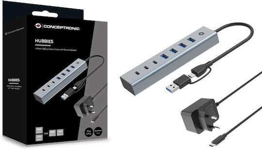 Conceptronic Hub 7 Θυρών USB 3.2 με σύνδεση USB-A / USB-C Ασημί