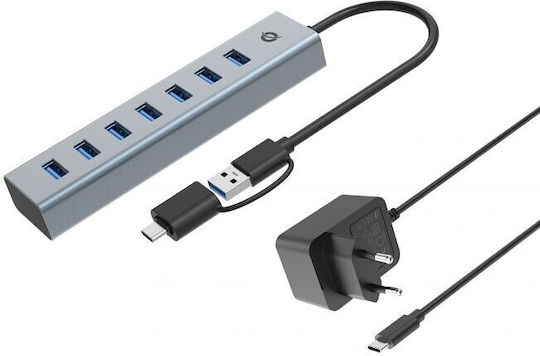 Conceptronic USB Хъб с 7 Порта USB 3.0 с Връзка USB-A / USB-C Сребрист