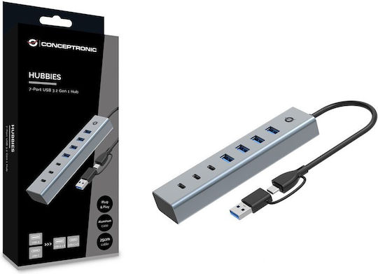 Conceptronic Хъб 7 Порта USB 3.0 с Връзка USB-A / USB-C Сребрист