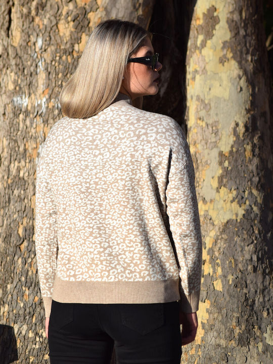 Bluza Damă Mânecă Lungă cu Guler Înalt Animal Print Bej