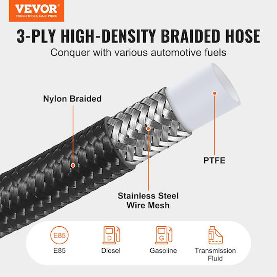 Vevor 6an Kraftstoffleitung Kit 25 Fuß Kraftstoffschlauch Kit 5/16" Nylon Edelstahl Kit Leitung Kraftstoffleitung PTFE E85 Öl Gas Diesel Schlauchend Kit 15 Stück Drehgelenk Adapter Kit Schwarz
