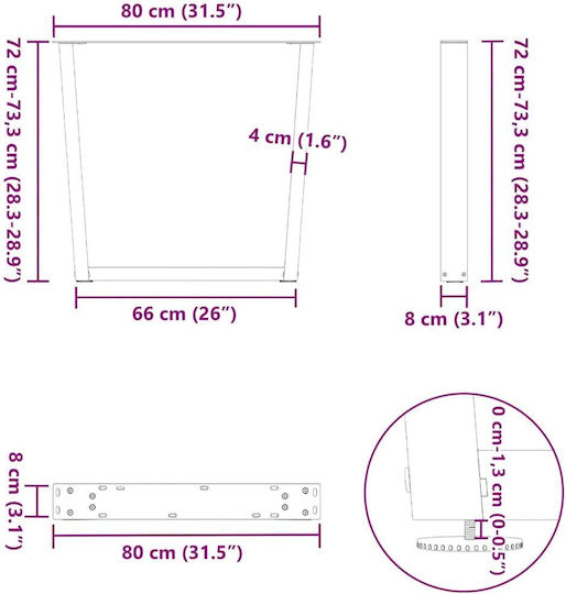 vidaXL Metallic Furniture Leg 2 Pieces Suitable for Table Coffee Table Office 80x72cm Brown