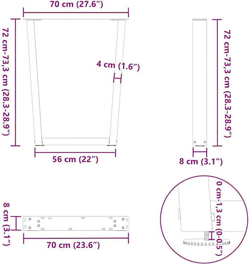 vidaXL Metallic Furniture Leg 3 Pieces Suitable for Table / Coffee Table / Office 70x72cm Brown