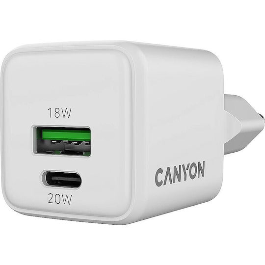Canyon GaN Kabelloser Handyladegerät mit USB-A und USB-C Ausgangsanschlüsse 20W Stromlieferung / Schnellladetechnologie Weiß