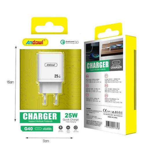 Andowl Charger Without Cable with USB-C Port 25W Whites (G40)