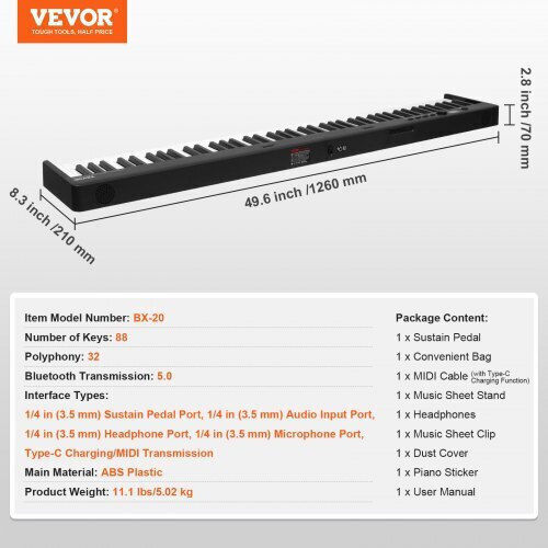 Vevor Electric Stage Piano ZDSMGQ88JHSWE2MGMV9 Set with 88 Weighted Keys Built-in Speakers and Connection with Headphones Black