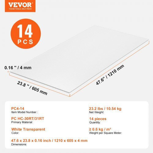 Панели за оранжерия от поликарбонат Vevor 14 бр. 2' X 4' X 0.16'' Slwdbbstm4ftq7qhrv0