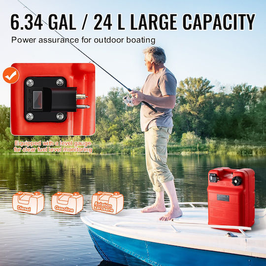 Rezervor de Combustibil Marin Vevor 6,34 Galon/24L Rezervor de Combustibil Portabil pentru Barcă Motor Extern Rezervor de Combustibil din Plastic Furtun pentru Barcă Externă Transport Ușor Yacht Barcă de Pescuit Barcă de Punți Roșu