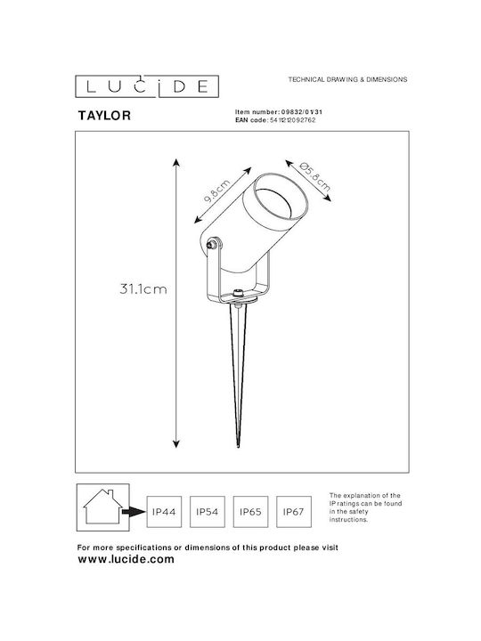 Lucide Lightning Taylor Лампа Проектор За Външно Пространство 50W IP65 за Цокъл GU10 Бял