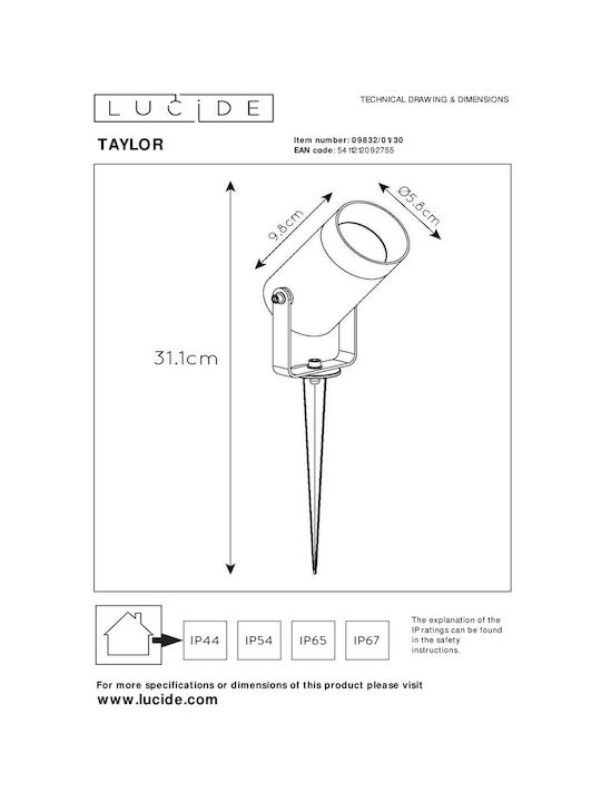 Lucide Lightning Taylor Φωτιστικό Προβολάκι Εξωτερικού Χώρου 50W IP65 για Ντουί GU10 Μαύρο