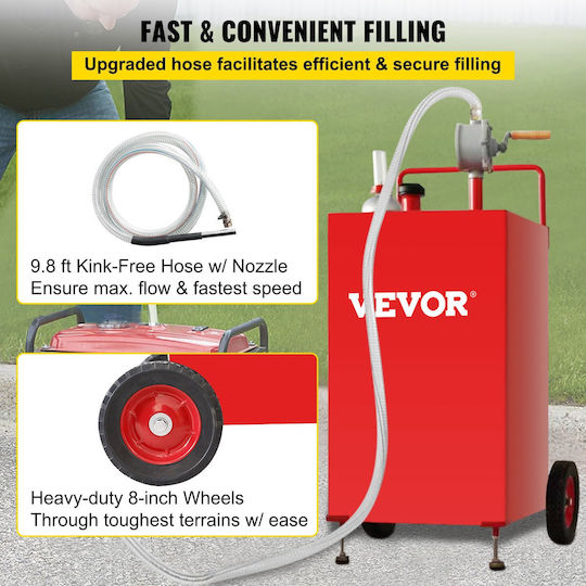 Vevor 30 Gallon Fuel Caddy Fuel Storage Tank 2 Wheels Portable Gas Caddy Manual Transfer Pump Gasoline Diesel Fuel Container Cars Lawn Mowers ATVs Boats More Red