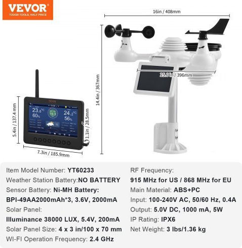Vevor TYN70TFTWIFI71ZZTV2 Ασύρματος Μετεωρολογικός Σταθμός Ψηφιακός Επιτραπέζιος