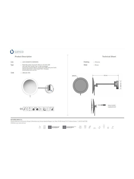 Sanco MRLED-905 Magnifying Round Bathroom Mirror Led made of Metal 20x20cm Rose Gold