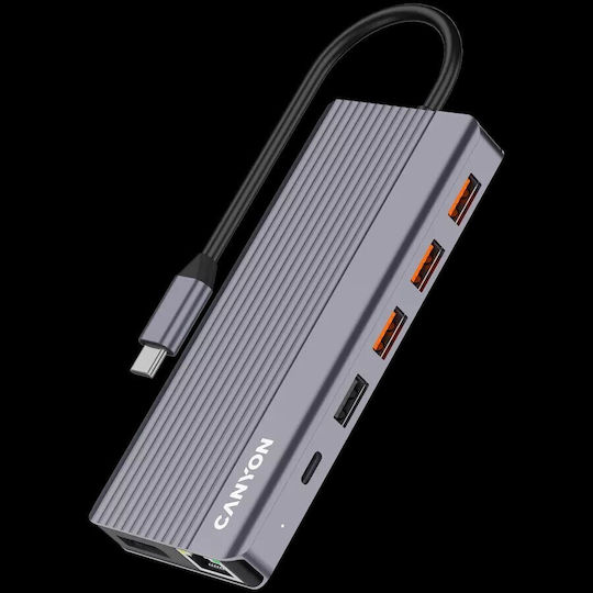 Canyon USB-C Dockingstation für Laptops mit HDMI/DisplayPort 4K PowerDelivery Ethernet und Bildschirmverbindungen für 3 Monitore Grau