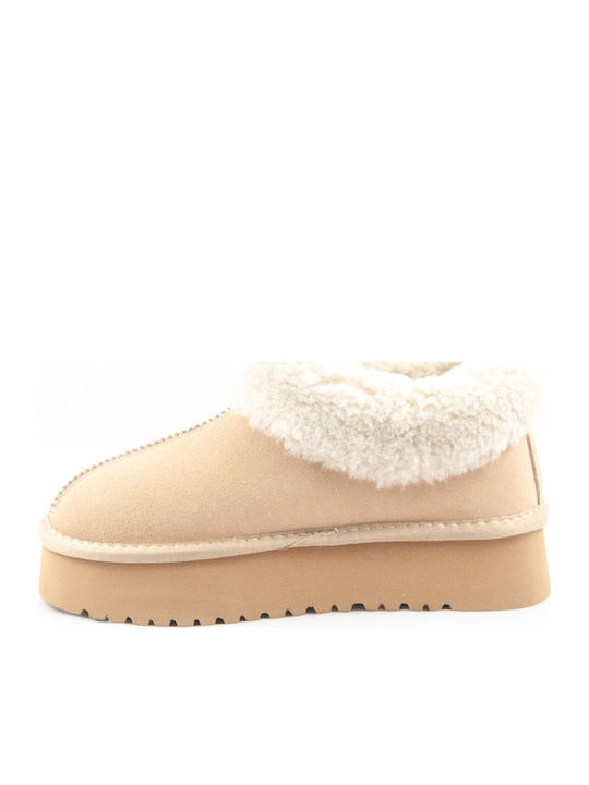 Leder Stiefeletten Damen mit Pelz Beige