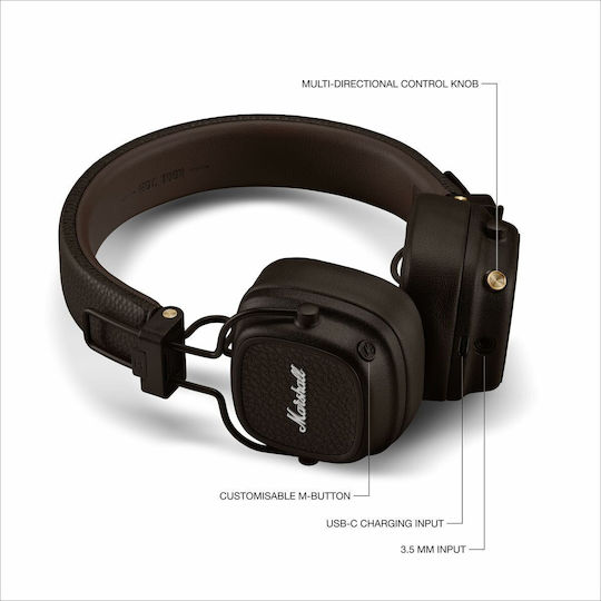 Marshall Major V Ασύρματα / Ενσύρματα On Ear Ακουστικά με 100 ώρες Λειτουργίας και Quick Charge Καφέ