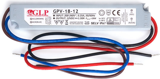 GLP Gpv-18-12 Τροφοδοτικό LED Στεγανό IP67 Ισχύος 18W με Τάση Εξόδου 12V