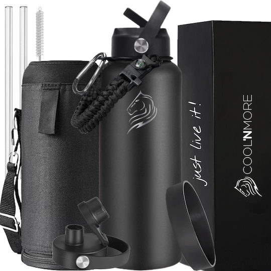 Cool'NMore Jet Bottle Thermos Stainless Steel BPA Free 1lt Black with Mouthpiece, Straw and Handle