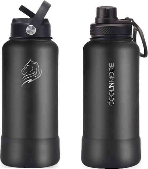Cool'NMore Stainless Steel Thermos Bottle BPA Free 1L Black with Handle Straw Loop and Mouthpiece