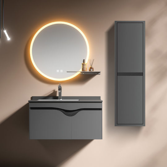 Martin Round Bathroom Mirror Led made of Plywood 70x70cm Gray