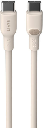 Havit USB 2.0 Кабел USB-C Мъжки - USB-C 100W Захранване PD Бежов 2м CB6284