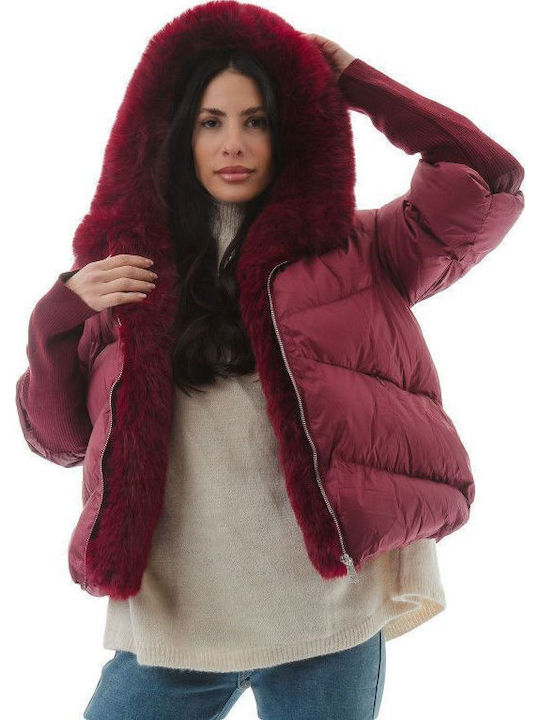 Women's Short Puffer Jacket for Winter with Hood Burgundy
