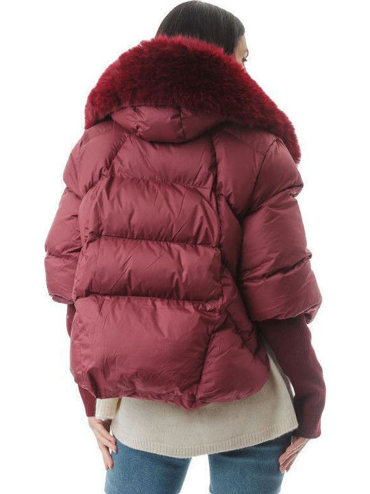 Women's Short Puffer Jacket for Winter with Hood Burgundy