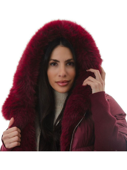 Women's Short Puffer Jacket for Winter with Hood Burgundy