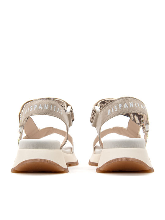 Leather Women's Flat Sandals Sporty in Ecru Color